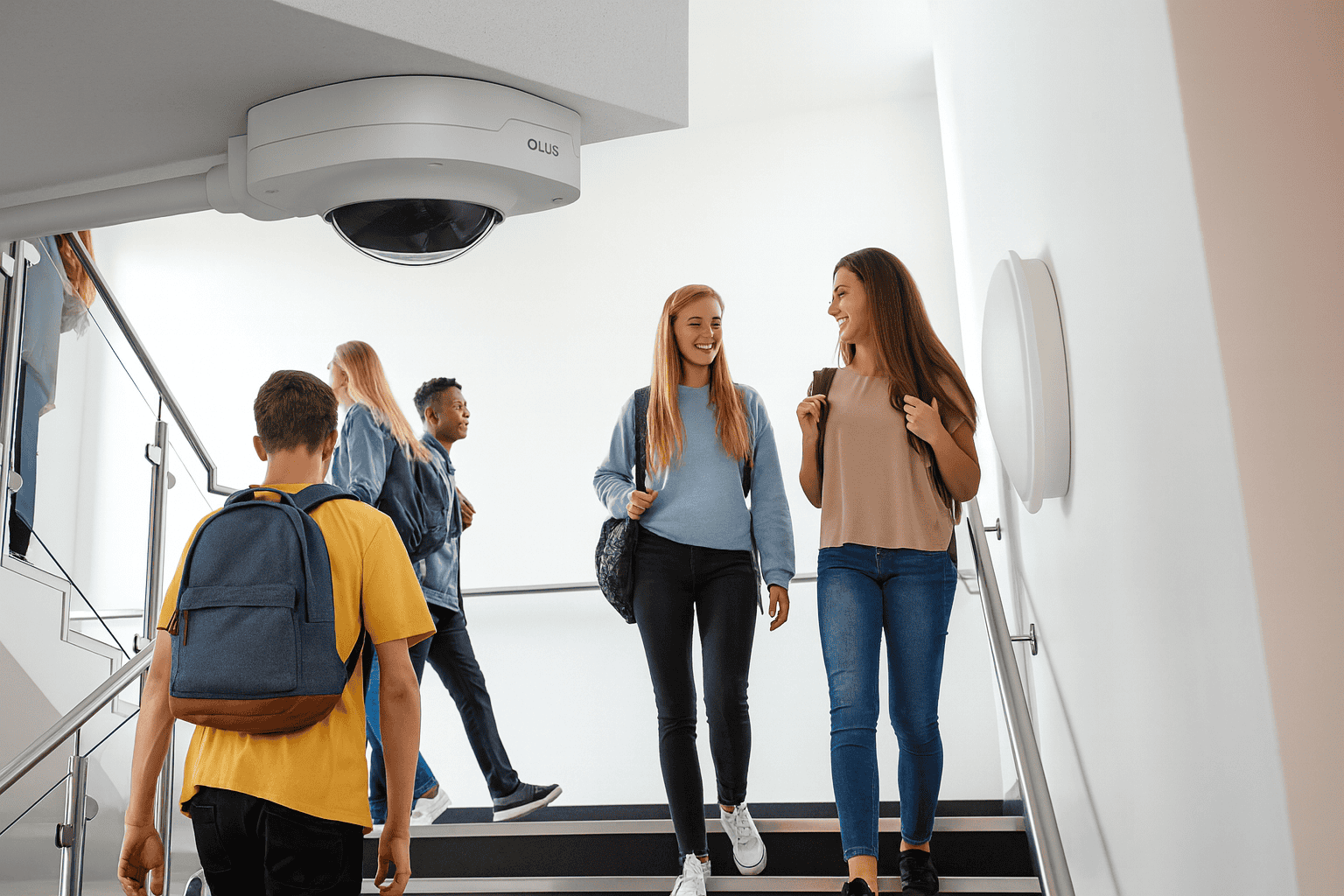 Alt text: School students walking up stairs with modern lighting system in stairwell.